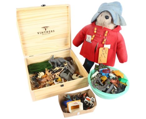 A group of various Britains plastic toy farmyard and other animals, and a Vintage Paddington Bear teddy bear with associated 