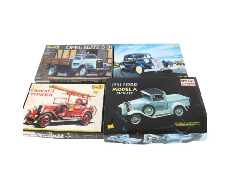 A Revell 1:24 scale Opel Blitz S3T plastic model display kit, ref. 07503, a Heller 1/24 scale Citroen C4 "Pompier" no. 733 pl