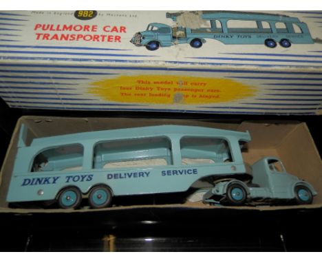Dinky Pullmore car transporter in early light blue cab with fawn decks VG/Good box