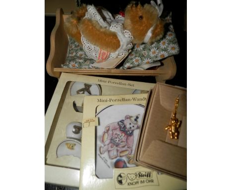 Steiff mini porcelain plate,tea set. Gold plated teddy necklace. Hermann limited edition baby in cradle musical -4 items