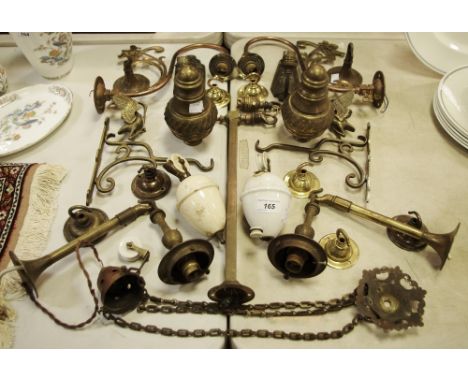 Brass light fittings including Art Nouveau wall sconces, ceiling hooks etc.