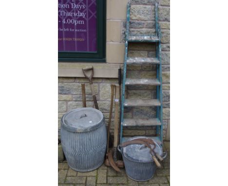 Salvage - a galvanized dolly tun with cover, another smaller; step ladders; horticultural tools; etc qty 