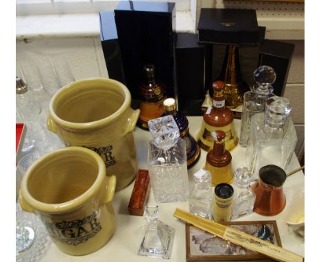 Whisky - Bells fine old scotch 12 years old, unopened; a Bells 8 years old, unopened; another opened; cut glass decanters; et