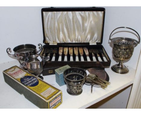 Silver and silver plate - a set of continental 800 standard tea spoons, a silver napkin ring, table knives, fish set, etc