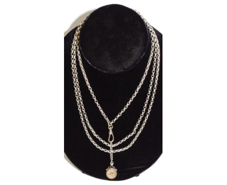 An early 20th century white coloured metal guard/muff chain, with silver mounted compass and bloodstone fob 