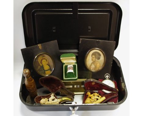 Boxes &amp; Objects - An early 20th century carved Meerschaum pipe head, cased; another; a 19th century portrait miniature of