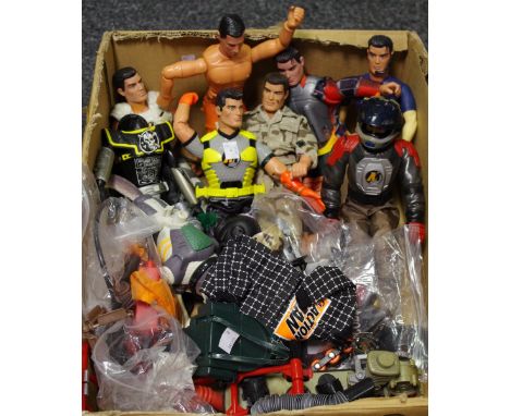 Seven Action Man figures c.2000; Arctic Mission Husky dog, skate board, various accessories and clothing; etc. 