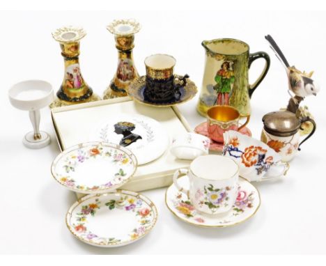 A collection of pottery &amp; porcelain, to include a Wedgwood porcelain mustard pot, the silver lid and collar on a leaf and