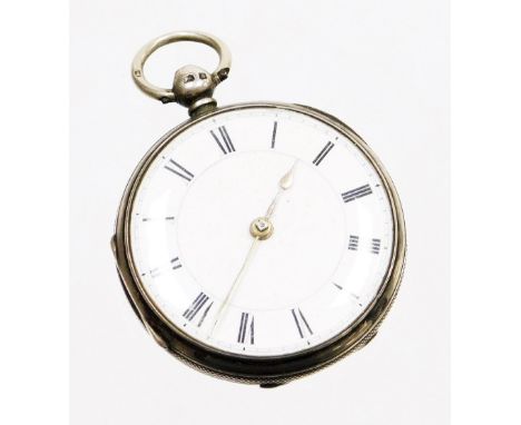 A George V silver pocket watch, with white enamel dial with Roman numerals, and gold coloured handles, in an engine turned ou