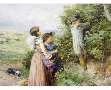 After Myles Birket Foster. The Blackberry Gatherers, coloured lithograph, 15cm x 22cm.  