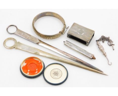 A group of silver and trinkets, to include silver card case, silver bangle, silver plated button hook, silver pencil case, si