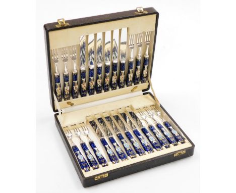 A cased set of Booths handled fish knives and forks, with Scale Blue pattern handle picked out in gilt with floral interior, 