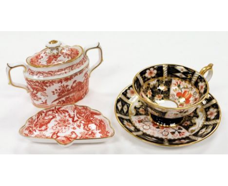 A Royal Crown Derby porcelain 2451 Imari cabinet cup and saucer, shell shape dish, 13cm wide, and a miniature two handled sug