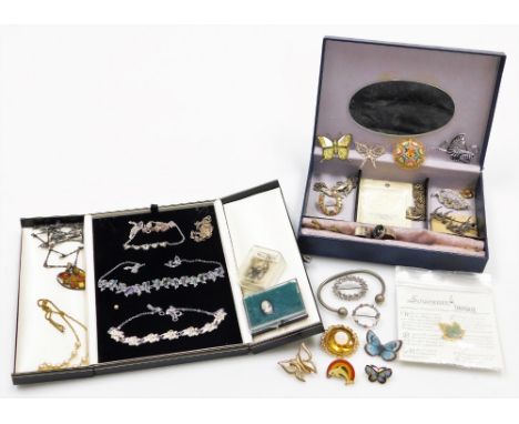 Costume jewellery and effects, brooches, silver dress ring, stone set earrings, etc. (2 boxes) 