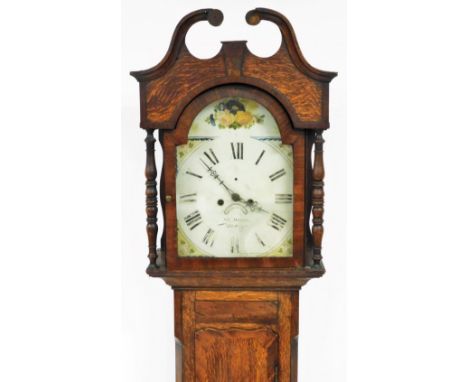 W Davies. A 19thC oak longcase clock, the painted arch dial, eight day movement with date dial, in a swan pediment hood, with