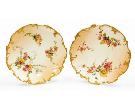 A pair of Royal Worcester blush ivory porcelain cabinet plates, decorated with flowers, etc., within a gilt shaped border, st