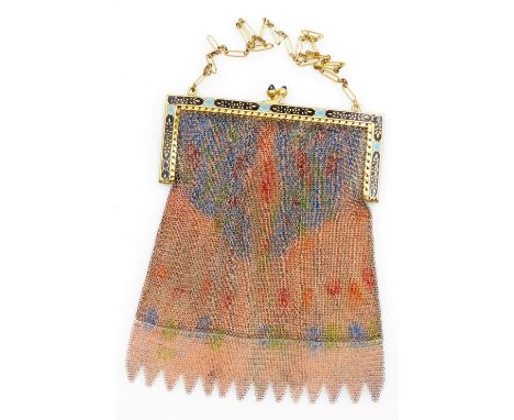 A mesh and enamel evening purse, the coloured mesh body with chrome fittings, with enamel detailing in pale blue and navy, 12