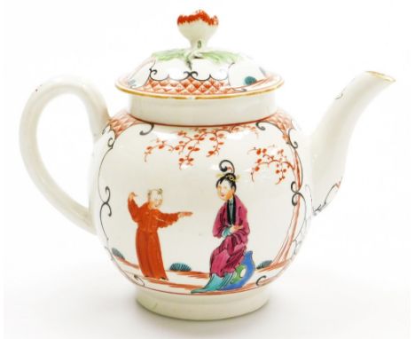 An 18thC first period Worcester porcelain teapot and cover, decorated with Oriental figures on a terrace and with flower fini