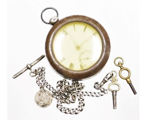 A Victorian silver pocket watch, with white enamel dial, Roman numerals, silver hands and seconds dial, with a rubbed outer c