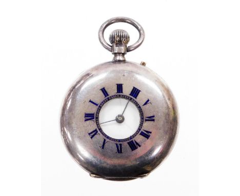 A silver half hunter fob watch, with front outer casing bearing blue Roman numerals, on a white enamel clock face with blue h