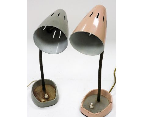 Two vintage adjustable lamps, with articulated stems, on shaped bases and with cone shades, 42cm high. (2, AF)