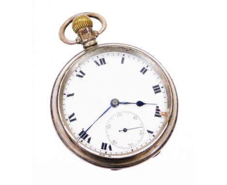 A George V Denco Watch Company silver pocket watch, with white enamel dial, with Roman numeral and seconds dial, with blue ha