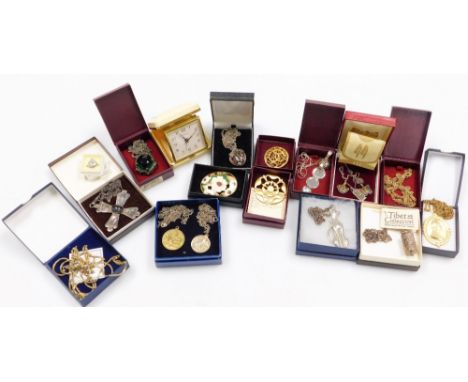 A group of various costume jewellery, to include pendants and chains, bracelets, gold plated wares, a silver and enamel minia