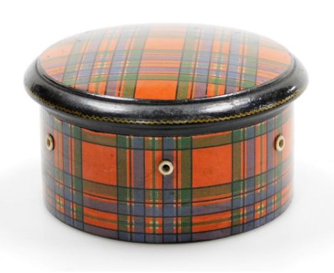A 19thC Tartanware string box, the top stamped M. Farlane in gilt script, 11cm diameter.
