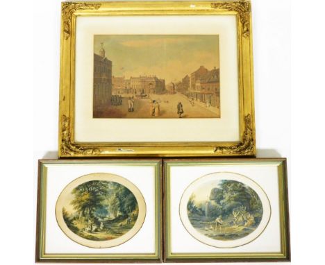 After Cockshaw (18thC British School). Leicester Market Place, print, 20cm x 28cm, in a gilt wood frame, and two Baxter type 