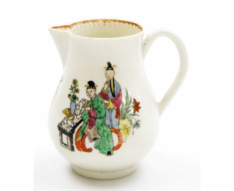 An 18thC first period Worcester sparrow beak porcelain cream jug, decorated with Oriental figures on a terrace, circa 1770, 8