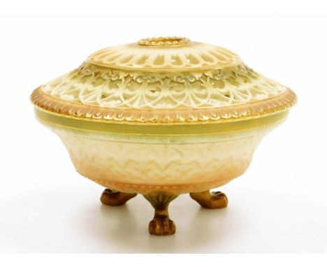 A Royal Worcester blush ivory porcelain pot pourri vase and cover, with a domed pierced lid and fleur de lys raised decoratio