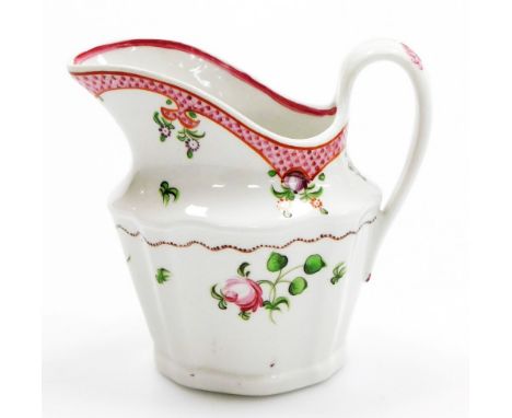 An early 19thC Newhall porcelain cream jug, with sprigs of flowers and pink scale border, pattern number 173, circa 1796-1805