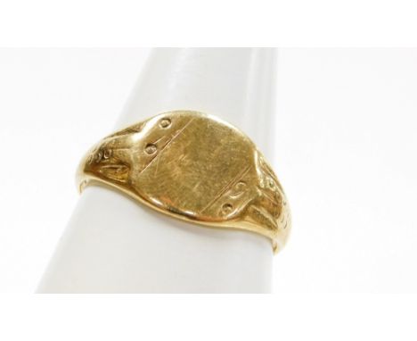 A 9ct gold gents signet ring, with floral design shoulders and central oval panel, ring size Y½, 4.3g all in.