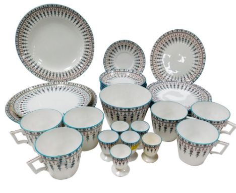 A Crown Derby part breakfast service, with blue borders and flowers in the drop pattern, circa 1880, comprising six cups and 