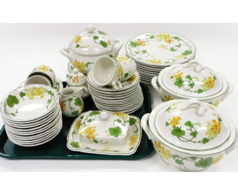 A Villeroy and Bosch Geranium pattern part dinner service, to include plates 26cm wide, butter dish, cups, saucers, bowls, mi