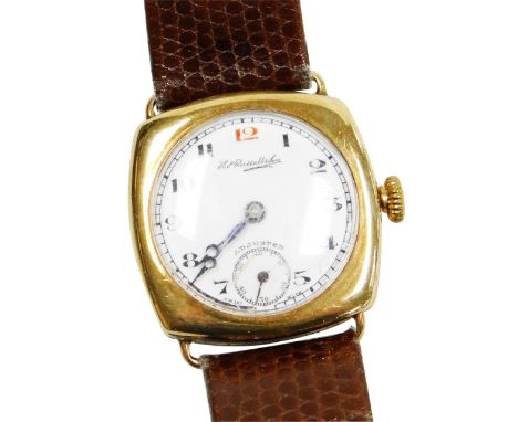 A Thomas Russell &amp; Sons 9ct gold cased gentleman's wristwatch, with circular white ceramic dial, blue hands and seconds d