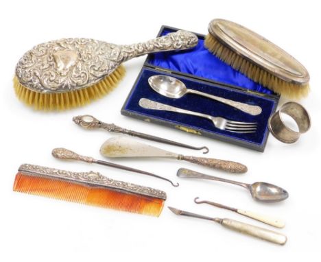 A collection of small silver and silver plated items, to include a silver plated cased christening set, silver napkin ring, B
