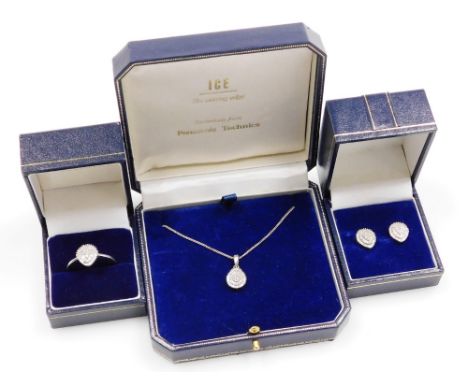 A silver diamond jewellery suite, comprising dress ring, with teardrop halo of diamonds, ring size K, matching pendant and ch