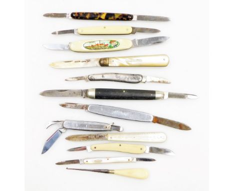 A collection of pen and fruit knives, with silver plated engine turned decoration, mother of pearl inlay, tortoiseshell inlay