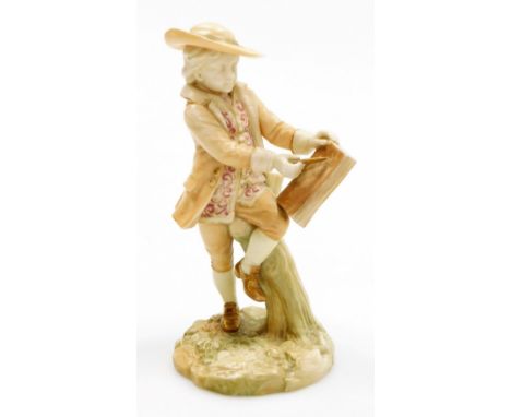 A Royal Worcester blush ivory porcelain figure of a boy, writing in a book and leaning against a tree stump, on a moulded bas