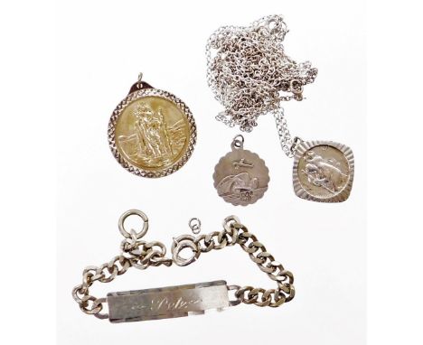 A group of silver jewellery, to include a silver identity bracelet, silver chain, St Christopher pendant inscribed Mark, furt