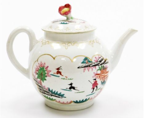 An 18thC Worcester first period porcelain teapot, with Stag Hunt pattern with gilded outline, circa 1760-1765, with flower fi