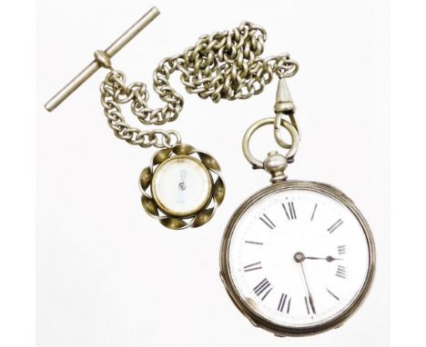 A silver pocket watch, with white enamel dial (AF), on a hammered outer casing with vacant shield, marked fine silver GS &amp