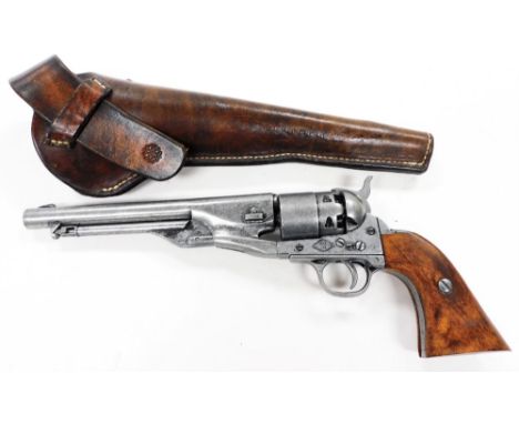 A non firing replica model of an 1860 colt, in cross drawer holster, 34cm wide. 