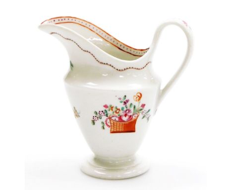 An early 19thC Newhall porcelain helmet shaped cream jug, pattern number 171, with pink rose and basket decoration, circa 179