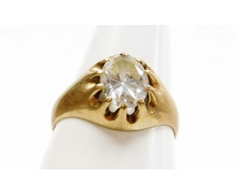 A 9ct gold single stone set dress ring, set with oval imitation diamond, in a claw setting, ring size S, 3.5g all in.