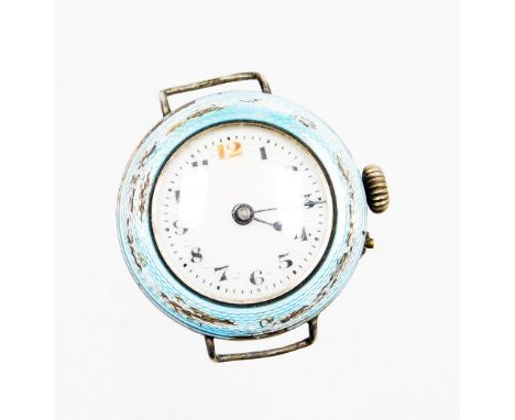 A silver and enamel wristwatch head, the circular watch head with blue enamel outer border (AF) with a white dial with blue h
