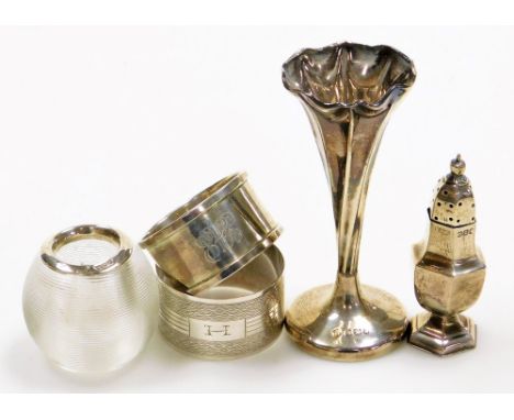 A collection of small silver, a late Victorian miniature silver pepper pot, of baluster form with an urn shaped finial on a p