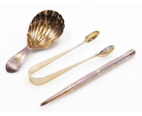 A collection of small silver, a George III silver caddy spoon, with a fluted bowl and bright cut decorated handle, London 179