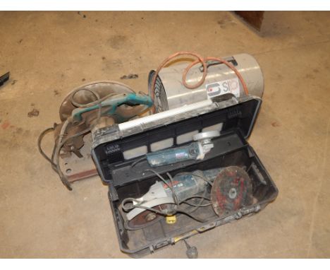 A 110v Crosscut saw SIP Fireball heater and Stanley Fat Max tool box with Bosch angle grinder and disc cutter. NB. This lot i